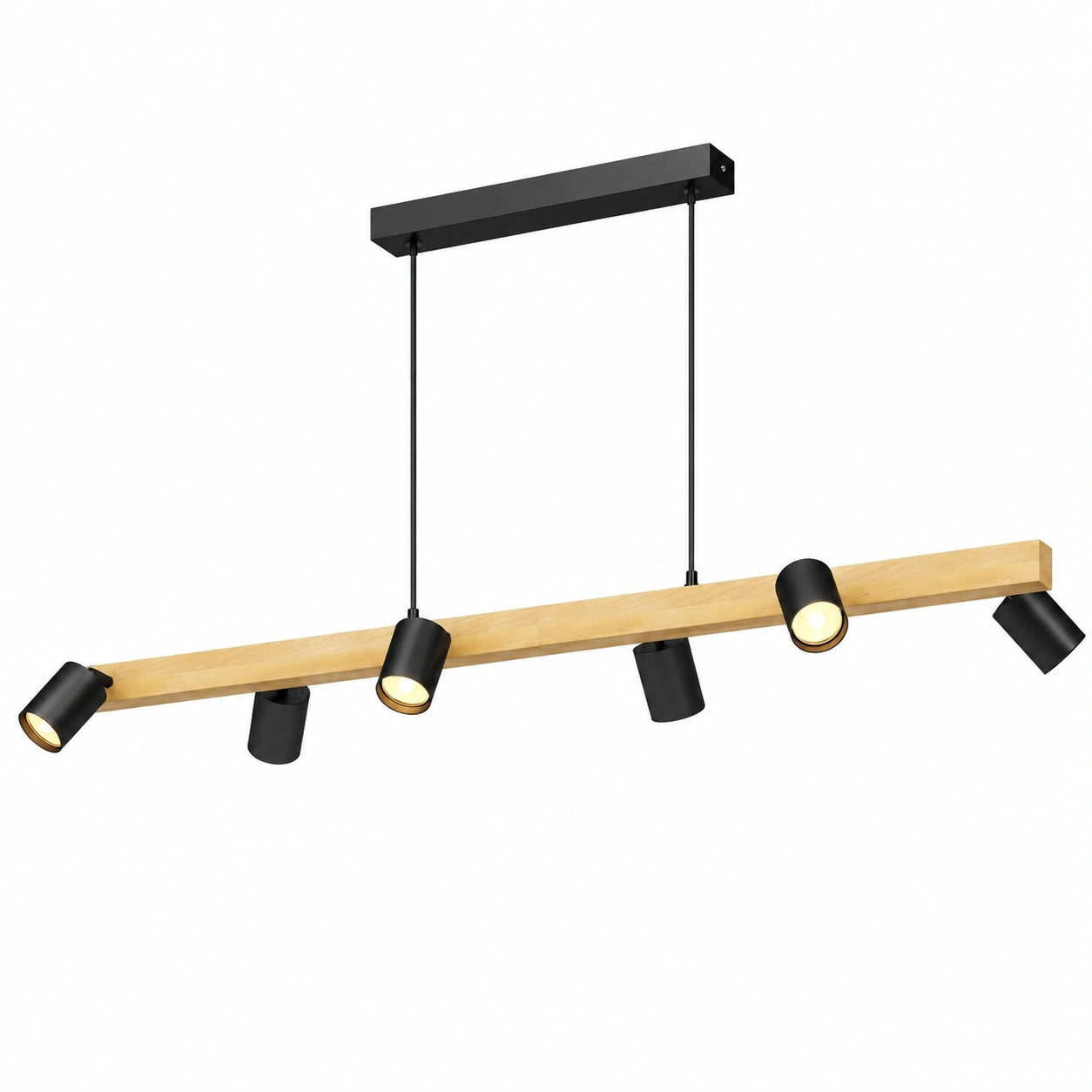 Lampadario a Sospensione Nero 6 Luci in Alluminio e Legno GU10 per Sala e Cucina