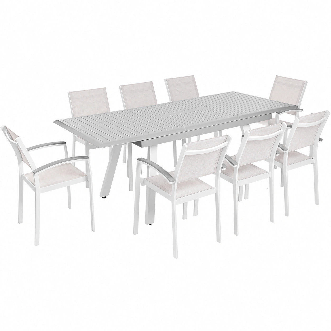 Set pranzo giardino 8 posti, tavolo allungabile bianco, struttura in alluminio grigio