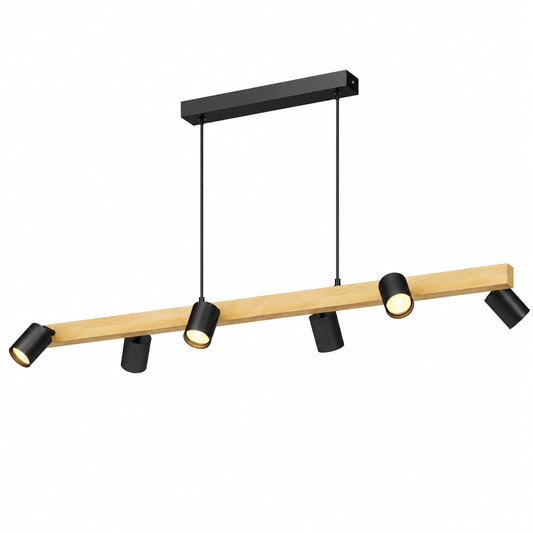 Lampadario a Sospensione Nero 6 Luci in Alluminio e Legno GU10 per Sala e Cucina
