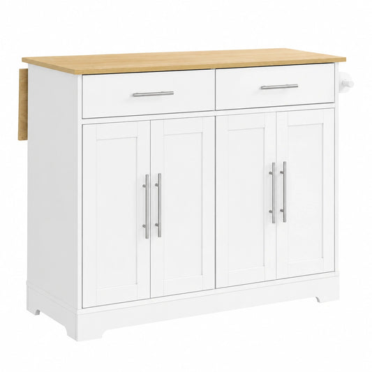 Isola Cucina con Ruote e Tavolo Estensibile, Mobile Salvaspazio in Legno con Cassetti, Bianco