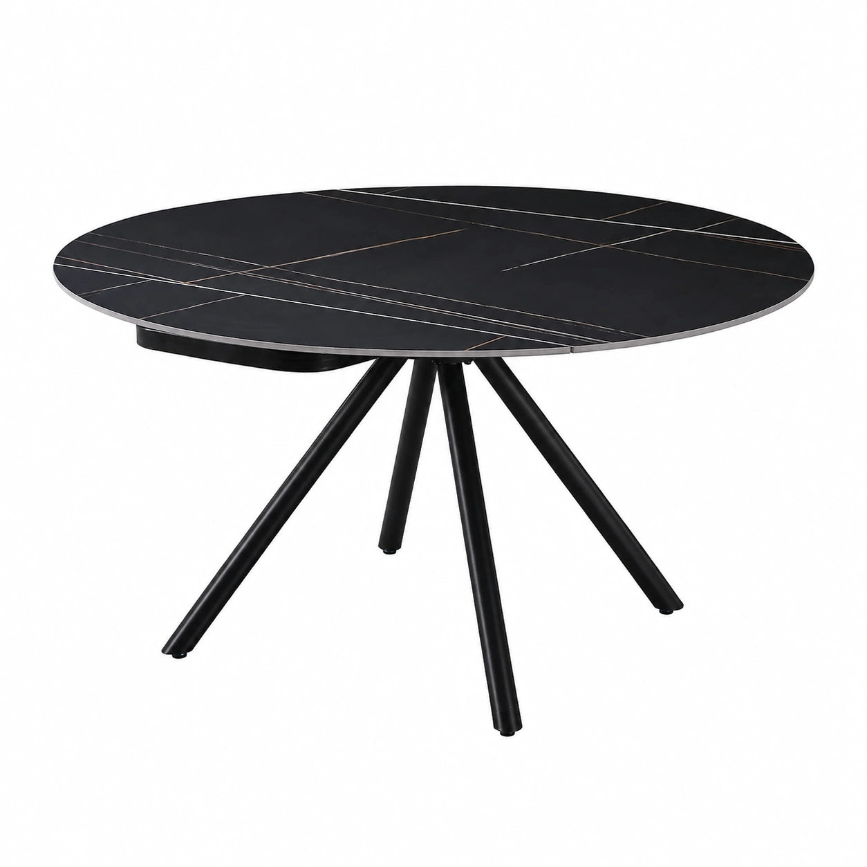 Tavolo Rotondo Allungabile in Gres Effetto Marmo, 150x90x76 cm, Gambe Nere