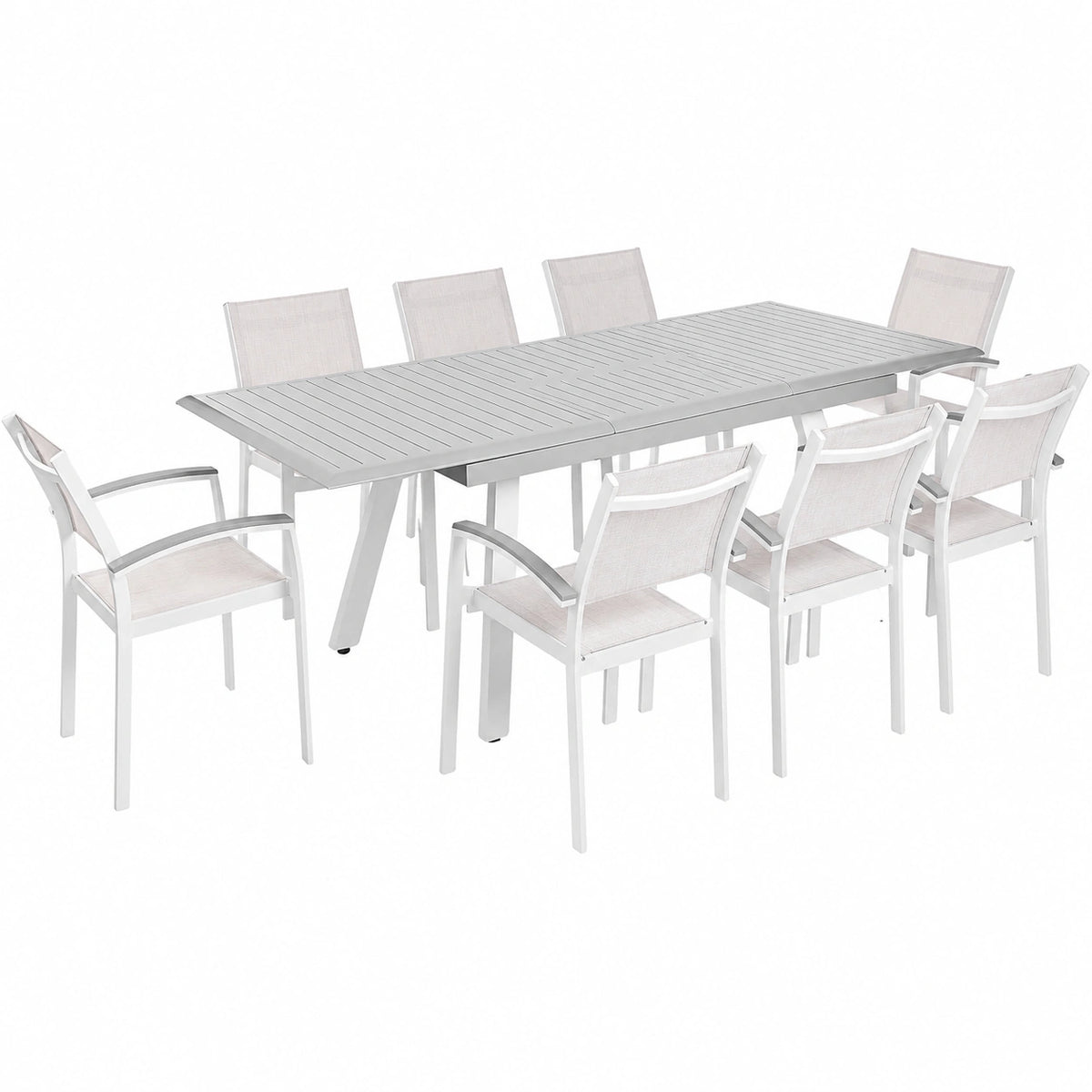 Set pranzo giardino 8 posti, tavolo allungabile bianco, struttura in alluminio grigio