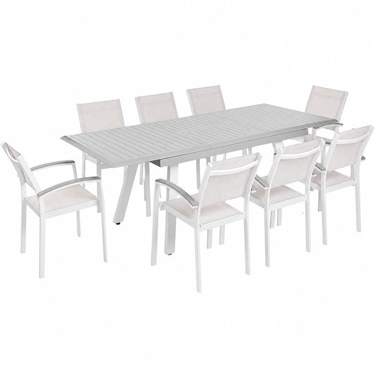 Set pranzo giardino 8 posti, tavolo allungabile bianco, struttura in alluminio grigio