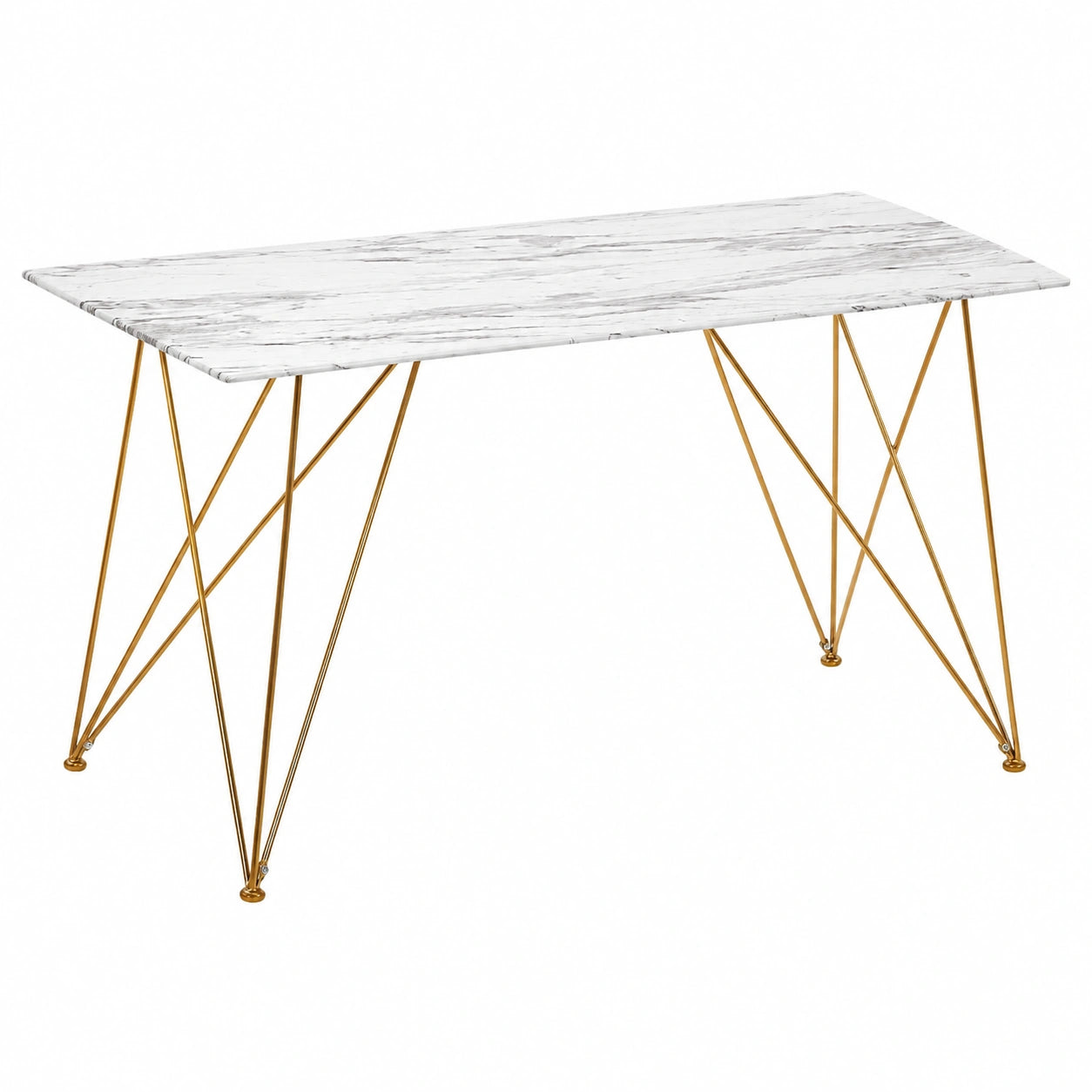 Tavolo da Pranzo in Vetro Effetto Marmo Bianco con Gambe Dorate, 140x80 cm